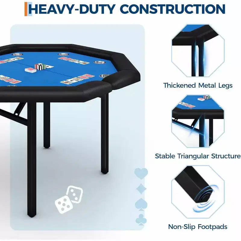 48 Folding Poker Table with 8 Players, Protable Folding Game Table Padded Rails  Stainless Steel Cup Holders  Collapsible Metal Legs