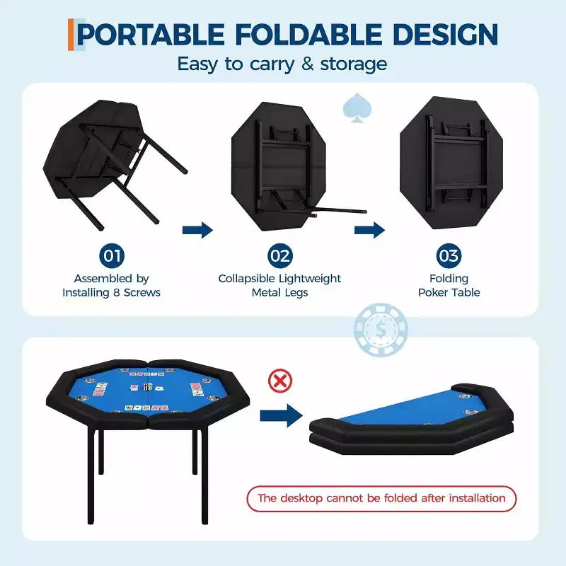 48 Folding Poker Table with 8 Players, Protable Folding Game Table Padded Rails  Stainless Steel Cup Holders  Collapsible Metal Legs
