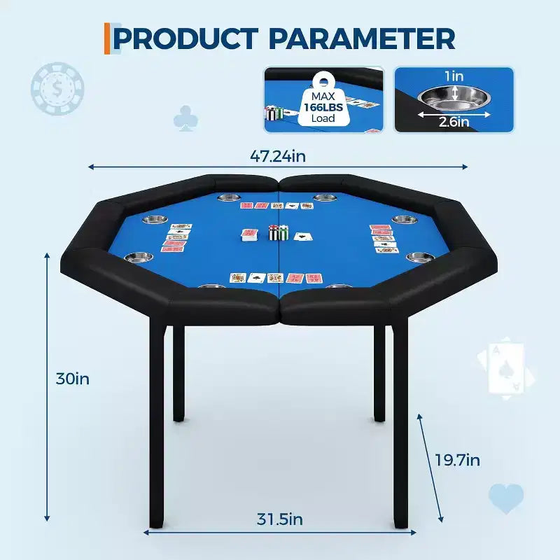 48 Folding Poker Table with 8 Players, Protable Folding Game Table Padded Rails  Stainless Steel Cup Holders  Collapsible Metal Legs