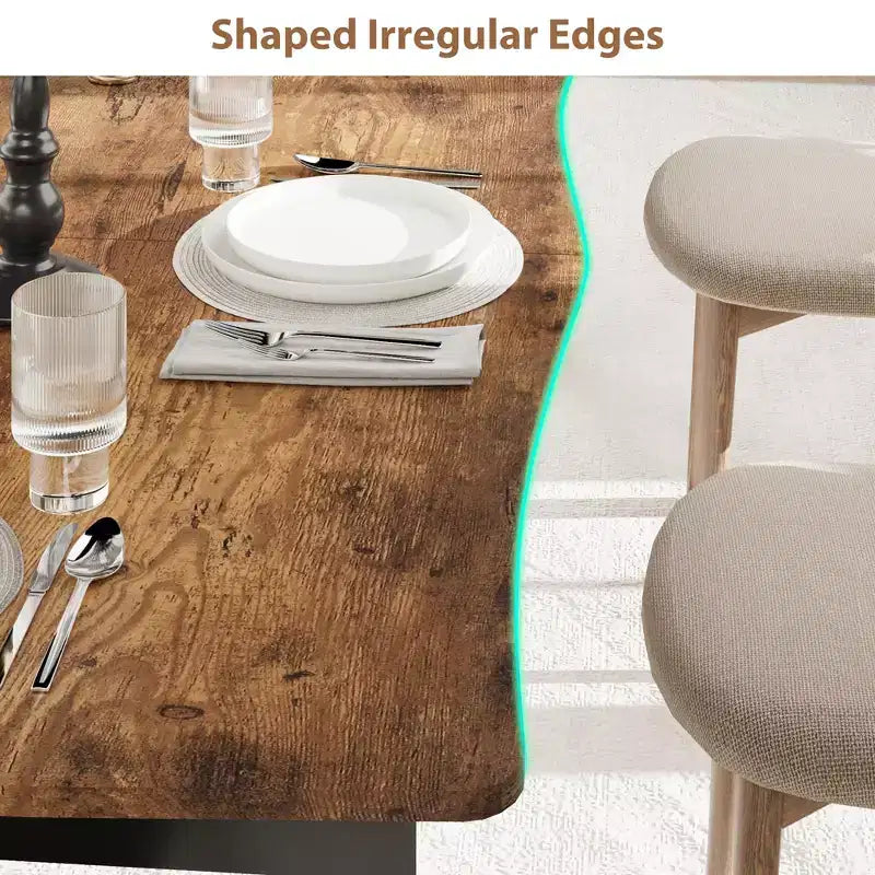 Dining Table for 6-8 People, Rustic Wave Irregular Edge Table with Thick MDF Top & Metal Frame, Waterproof Scratch-Resistant, VersatileMarble