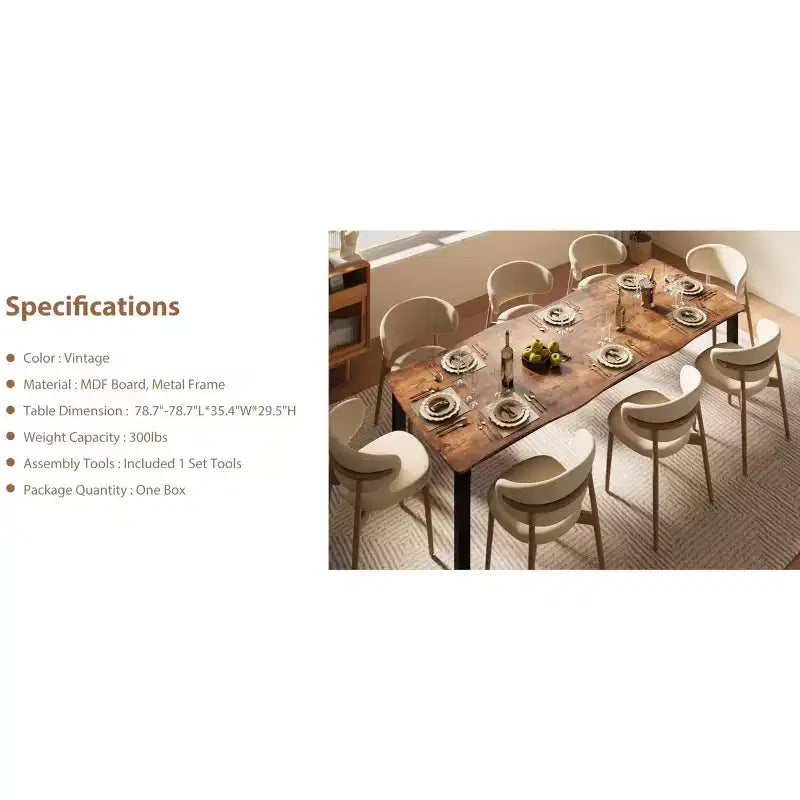 Dining Table for 6-8 People, Rustic Wave Irregular Edge Table with Thick MDF Top & Metal Frame, Waterproof Scratch-Resistant, VersatileMarble
