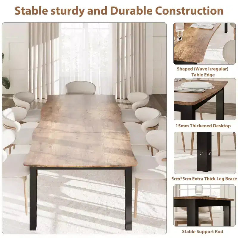 Dining Table for 6-8 People, Rustic Wave Irregular Edge Table with Thick MDF Top & Metal Frame, Waterproof Scratch-Resistant, VersatileMarble
