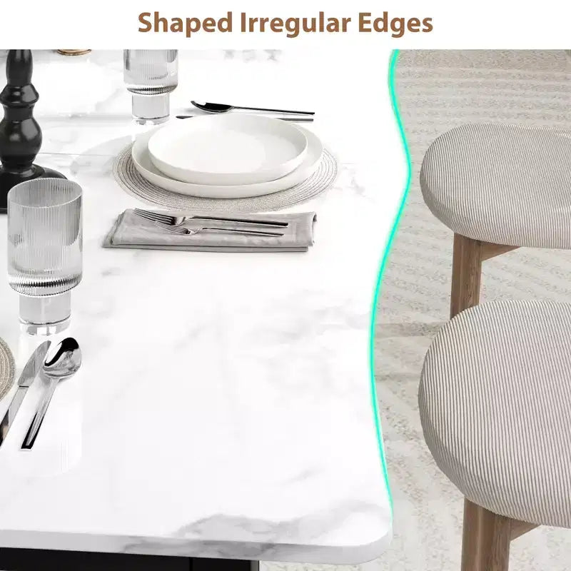 Dining Table for 6-8 People, Rustic Wave Irregular Edge Table with Thick MDF Top & Metal Frame, Waterproof Scratch-Resistant, VersatileMarble