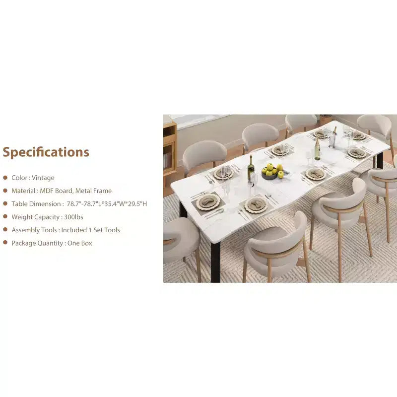Dining Table for 6-8 People, Rustic Wave Irregular Edge Table with Thick MDF Top & Metal Frame, Waterproof Scratch-Resistant, VersatileMarble