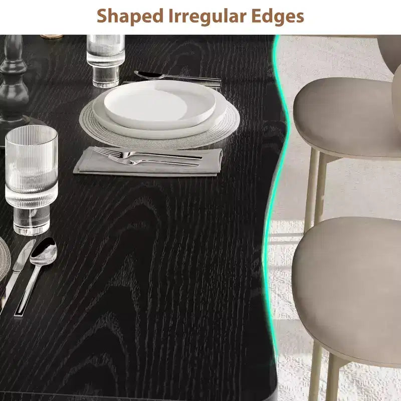 Dining Table for 6-8 People, Rustic Wave Irregular Edge Table with Thick MDF Top & Metal Frame, Waterproof Scratch-Resistant, VersatileMarble