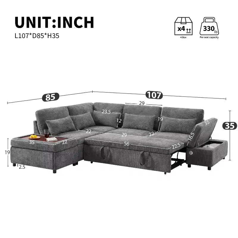 GDFStudio Nathan Modern 107 Chenille L-Shaped Pull-Out Sectional Sofa with Storage Ottoman and Adjustable Armrest Console with Charging Ports