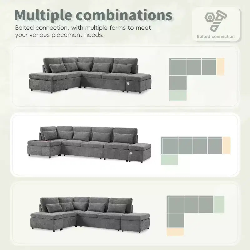 GDFStudio Nathan Modern 107 Chenille L-Shaped Pull-Out Sectional Sofa with Storage Ottoman and Adjustable Armrest Console with Charging Ports