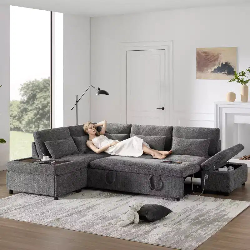 GDFStudio Nathan Modern 107 Chenille L-Shaped Pull-Out Sectional Sofa with Storage Ottoman and Adjustable Armrest Console with Charging Ports
