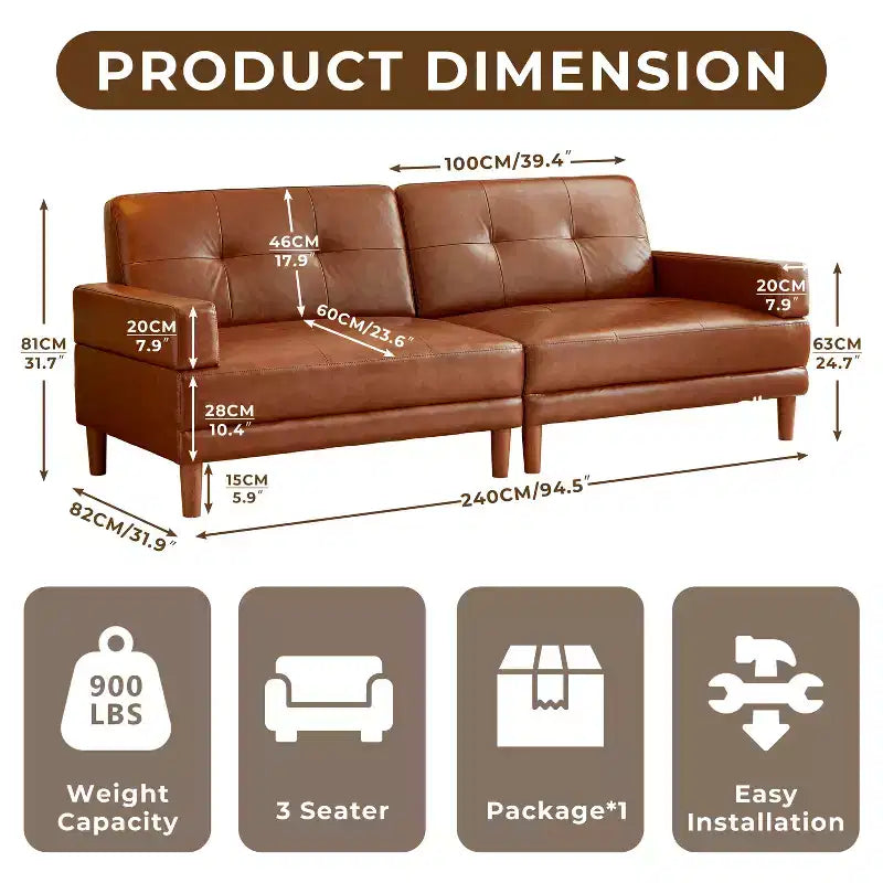 ATJafurn Modern 94.5-inch Luxury Brown Leather Sofa  Minimalist Modern Style Sturdy Frame Soft Touch Breathable and Easy-to-Clean Surface