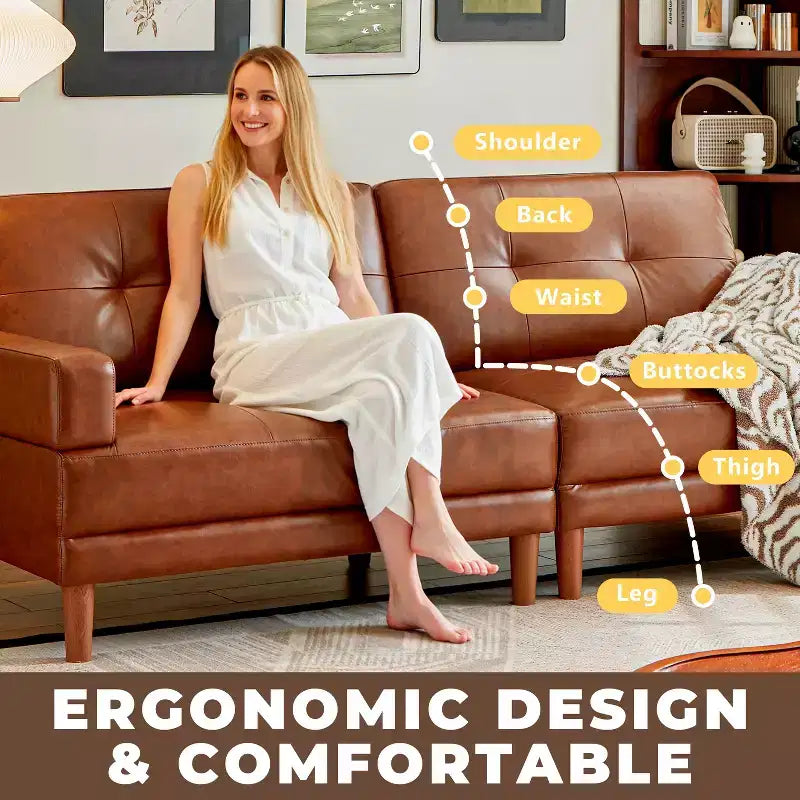 ATJafurn Modern 94.5-inch Luxury Brown Leather Sofa  Minimalist Modern Style Sturdy Frame Soft Touch Breathable and Easy-to-Clean Surface