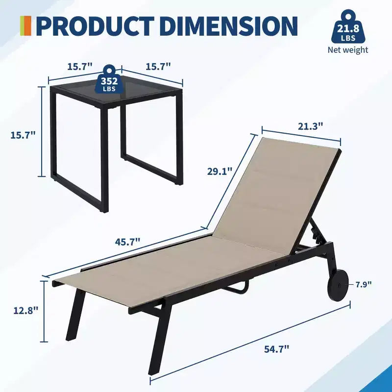 2 Patio Textile Chaise Lounge Chairs with Side Table, Outdoor Chaise Lounge Set, 5-Level Backrest Pool Lounger, Sunbathing Chair for Pool, Yard, Beach