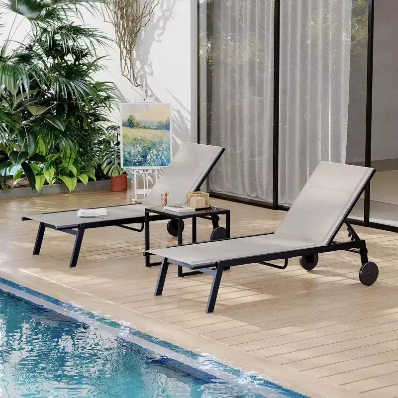 2 Patio Textile Chaise Lounge Chairs with Side Table, Outdoor Chaise Lounge Set, 5-Level Backrest Pool Lounger, Sunbathing Chair for Pool, Yard, Beach