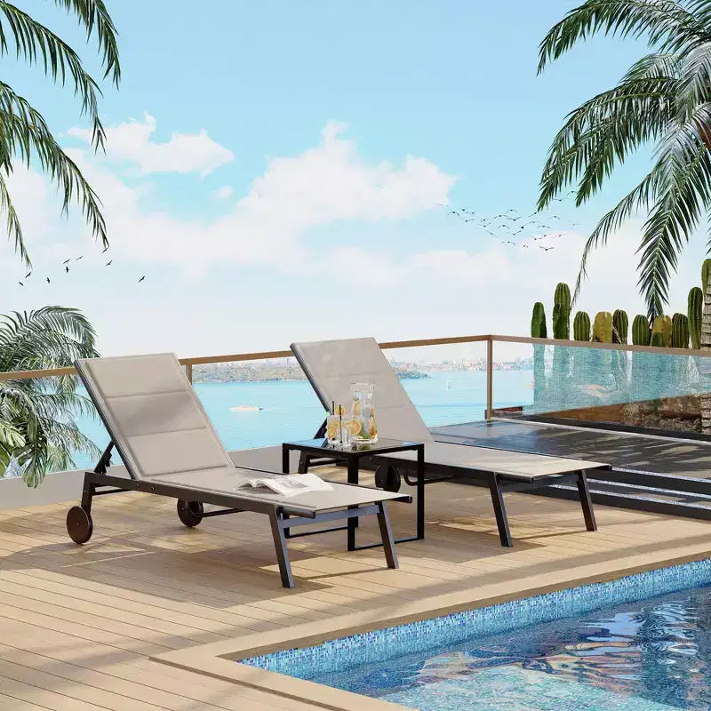 2 Patio Textile Chaise Lounge Chairs with Side Table, Outdoor Chaise Lounge Set, 5-Level Backrest Pool Lounger, Sunbathing Chair for Pool, Yard, Beach