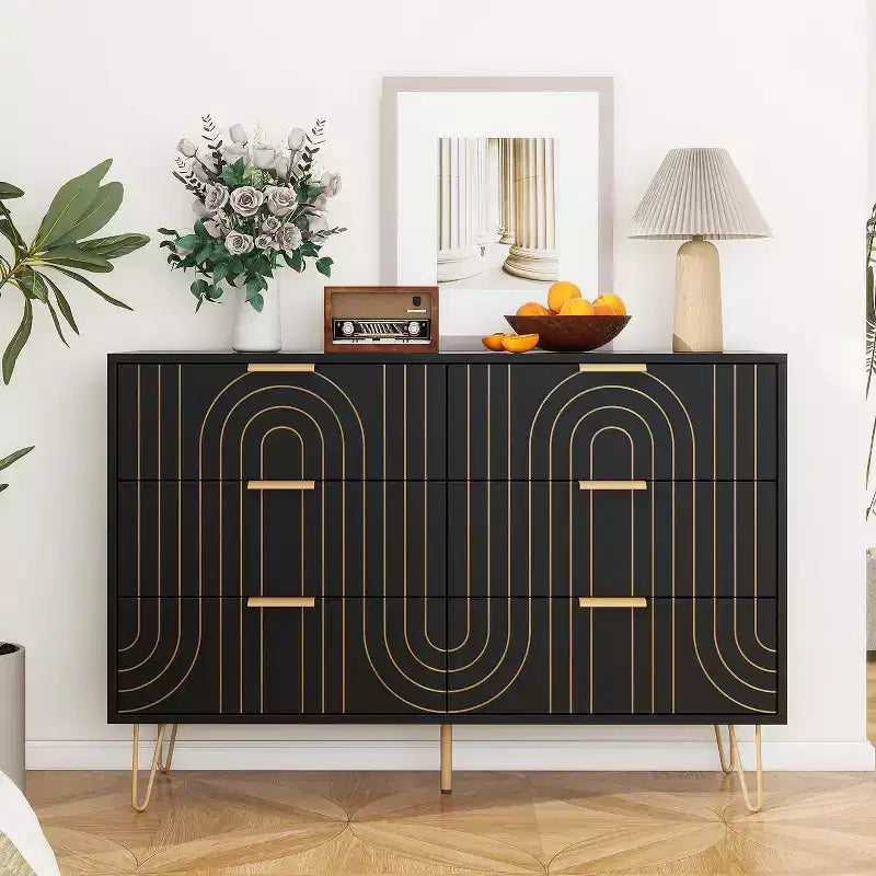 6 Drawers Dresser For Bedroom, Wood 6 Chest Of Drawer With Metal Handle, Curved Designed Storage Dresser For Home Office, Living Room, Bedroom Black