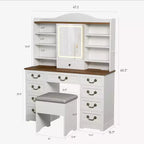 Acekool Vanity Desk with Mirror and Adjustable Lights, Dressing Table Set with Chair, 10 Drawers, 10 Shelves & Power Outlet for Bedroom