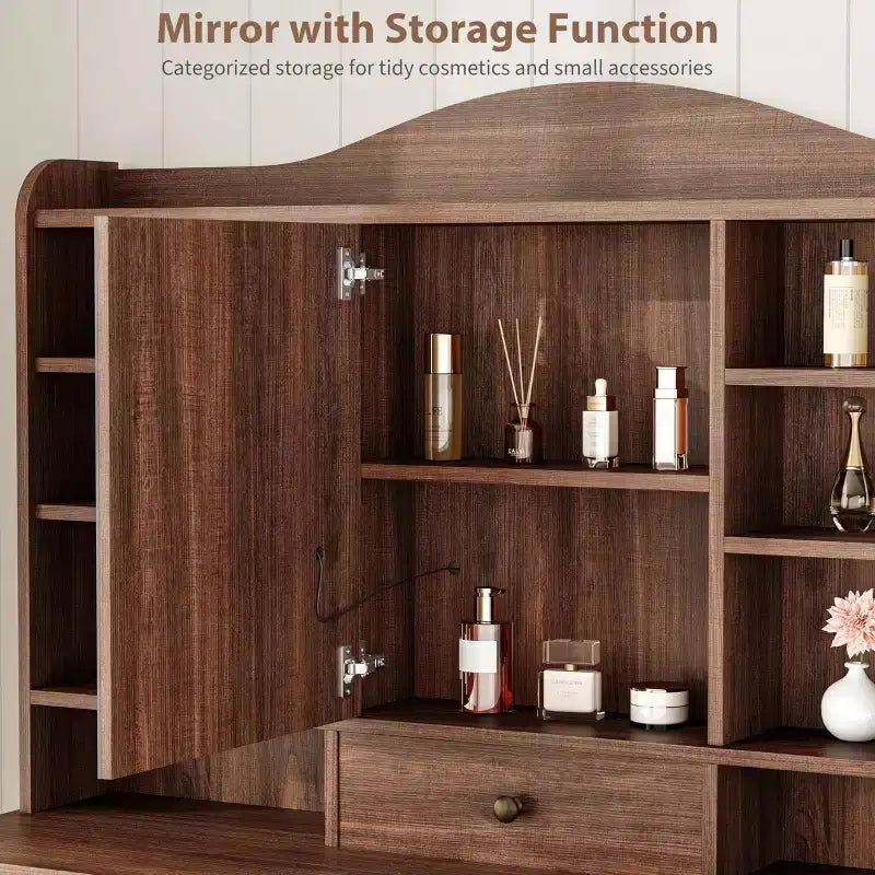 Acekool Vanity Desk with Mirror and Adjustable Lights, Dressing Table Set with Chair, 10 Drawers, 10 Shelves & Power Outlet for Bedroom
