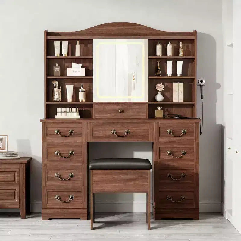 Acekool Vanity Desk with Mirror and Adjustable Lights, Dressing Table Set with Chair, 10 Drawers, 10 Shelves & Power Outlet for Bedroom