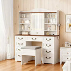 Acekool Vanity Desk with Mirror and Adjustable Lights, Dressing Table Set with Chair, 10 Drawers, 10 Shelves & Power Outlet for Bedroom