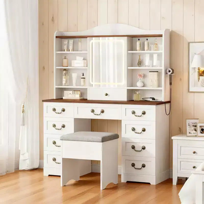 Acekool Vanity Desk with Mirror and Adjustable Lights, Dressing Table Set with Chair, 10 Drawers, 10 Shelves & Power Outlet for Bedroom