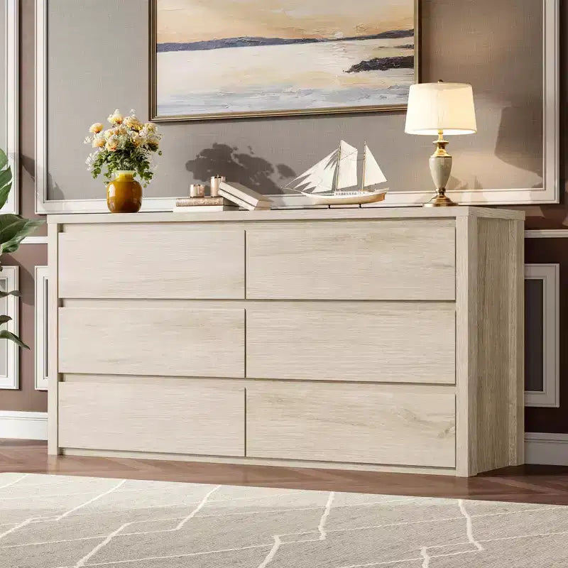 Acekool 6 Drawer Dresser, Modern Wide Storage Chest, Handle-Free Large Organizer Cabinet for Bedroom, Living Room, Entryway
