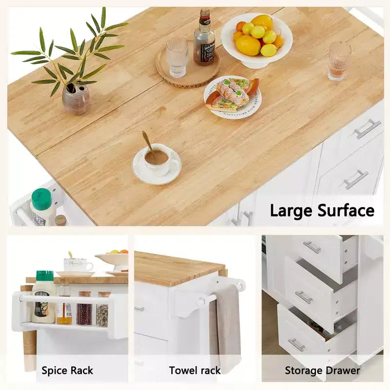 TUYOHW 53.78Inch Rolling Kitchen Island with Drop Leaf,Kitchen Cart with 2 Door Cabinet and 3 Drawers