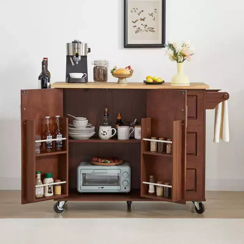 Isola da Cucina con Ante a Goccia da 53,78" — Carrello con Armadietto a 2 Ante e 3 Cassetti