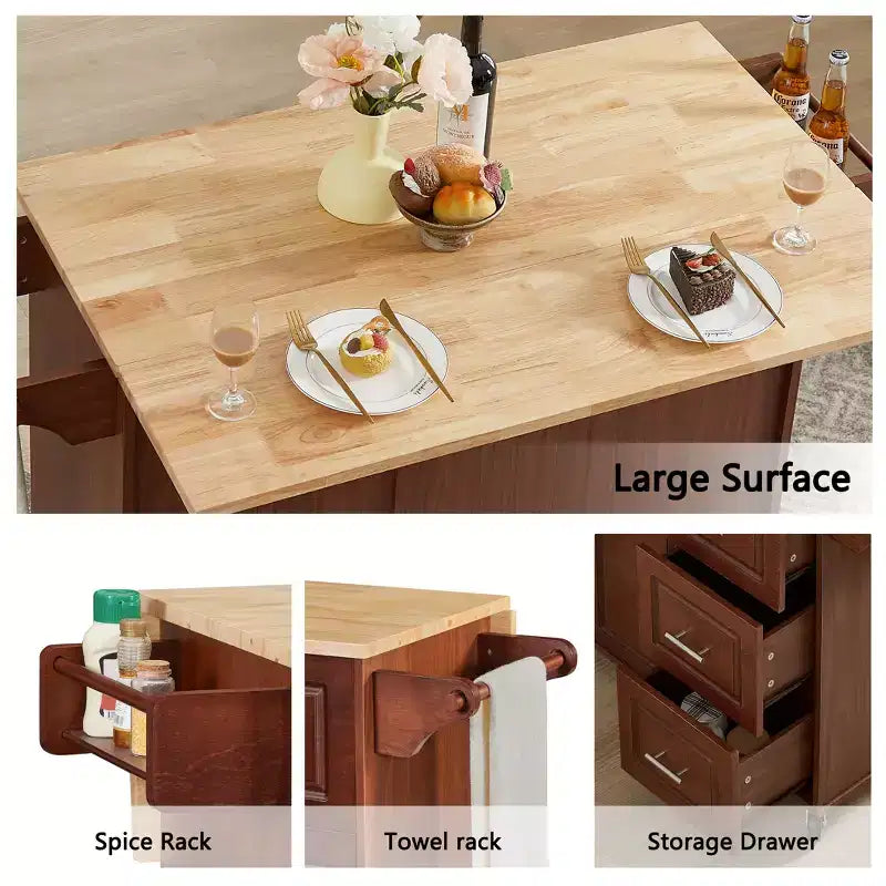 TUYOHW 53.78Inch Rolling Kitchen Island with Drop Leaf,Kitchen Cart with 2 Door Cabinet and 3 Drawers