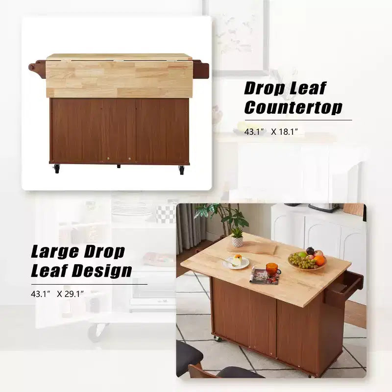 TUYOHW 53.78Inch Rolling Kitchen Island with Drop Leaf,Kitchen Cart with 2 Door Cabinet and 3 Drawers