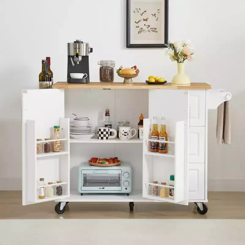 TUYOHW 53.78Inch Rolling Kitchen Island with Drop Leaf,Kitchen Cart with 2 Door Cabinet and 3 Drawers