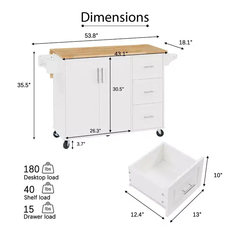 TUYOHW 53.78Inch Rolling Kitchen Island with Drop Leaf,Kitchen Cart with 2 Door Cabinet and 3 Drawers