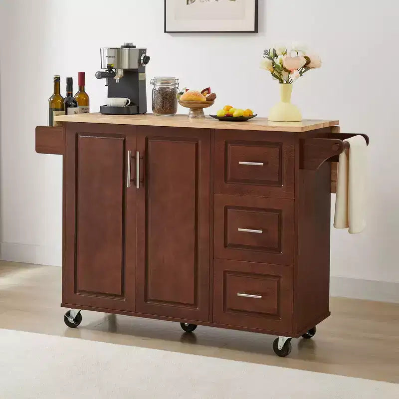 TUYOHW 53.78Inch Rolling Kitchen Island with Drop Leaf,Kitchen Cart with 2 Door Cabinet and 3 Drawers