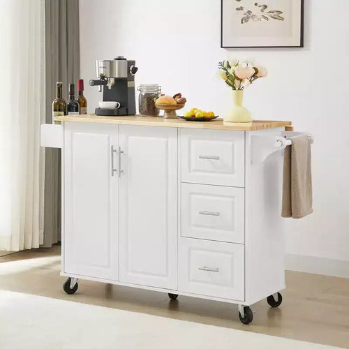 TUYOHW 53.78Inch Rolling Kitchen Island with Drop Leaf,Kitchen Cart with 2 Door Cabinet and 3 Drawers