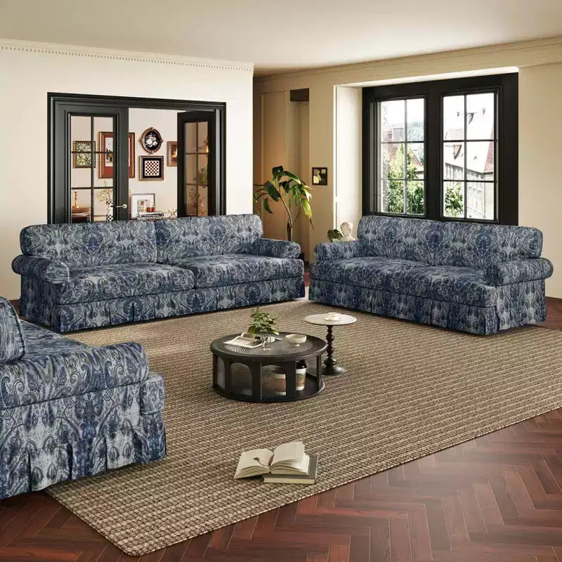 MAYEERTY Luxuriously Comfortable 3&4 Seater Cloud Couch, Chenille Fabric Sofa with Rolled Arms & Pleated Skrit Blue Foral