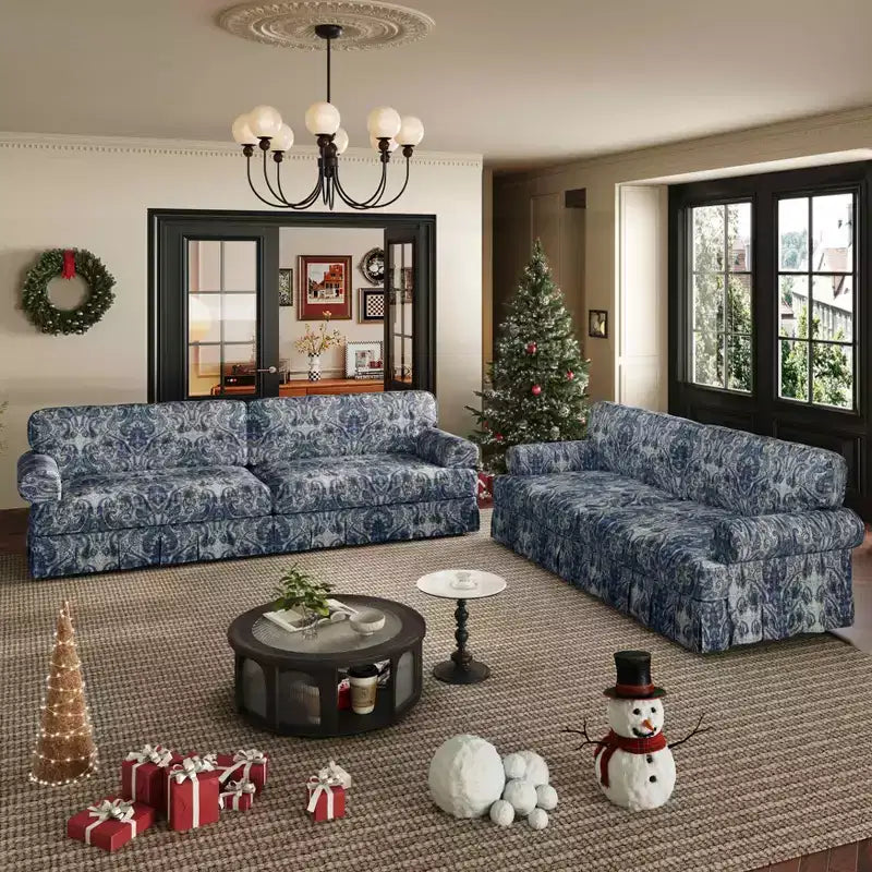 MAYEERTY Luxuriously Comfortable 3&4 Seater Cloud Couch, Chenille Fabric Sofa with Rolled Arms & Pleated Skrit Blue Foral