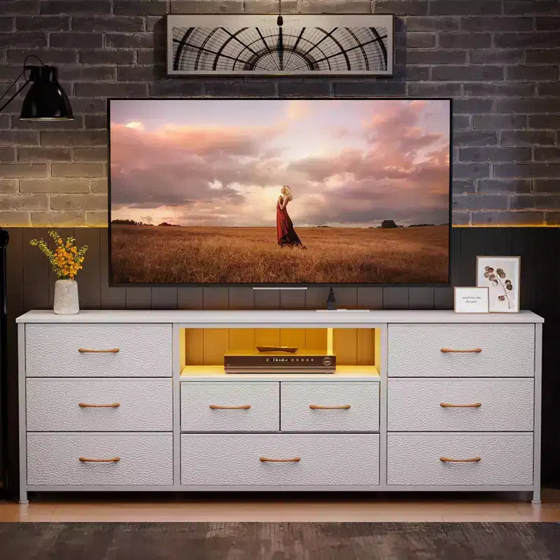 63 Inch White 9 Drawer Dresser for Bedroom LED TV Stand for 75 inch TV with Charging Station Power Outlets Fabric Storage Chest Media Console Table