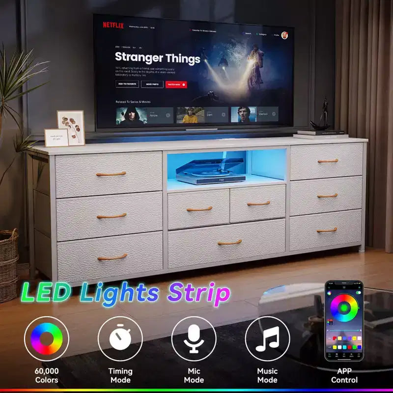 63 Inch White 9 Drawer Dresser for Bedroom LED TV Stand for 75 inch TV with Charging Station Power Outlets Fabric Storage Chest Media Console Table