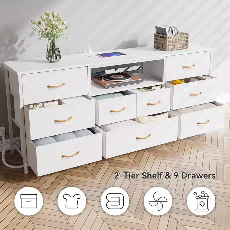 63 Inch White 9 Drawer Dresser for Bedroom LED TV Stand for 75 inch TV with Charging Station Power Outlets Fabric Storage Chest Media Console Table