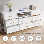63 Inch White 9 Drawer Dresser for Bedroom LED TV Stand for 75 inch TV with Charging Station Power Outlets Fabric Storage Chest Media Console Table