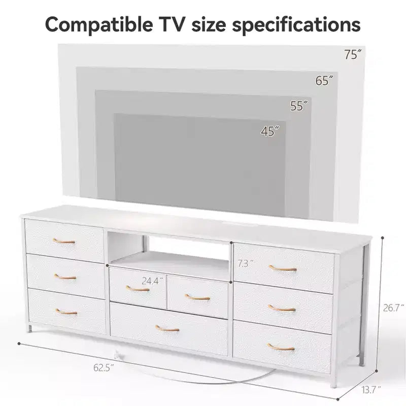 63 Inch White 9 Drawer Dresser for Bedroom LED TV Stand for 75 inch TV with Charging Station Power Outlets Fabric Storage Chest Media Console Table