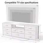 63 Inch White 9 Drawer Dresser for Bedroom LED TV Stand for 75 inch TV with Charging Station Power Outlets Fabric Storage Chest Media Console Table