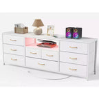 63 Inch White 9 Drawer Dresser for Bedroom LED TV Stand for 75 inch TV with Charging Station Power Outlets Fabric Storage Chest Media Console Table