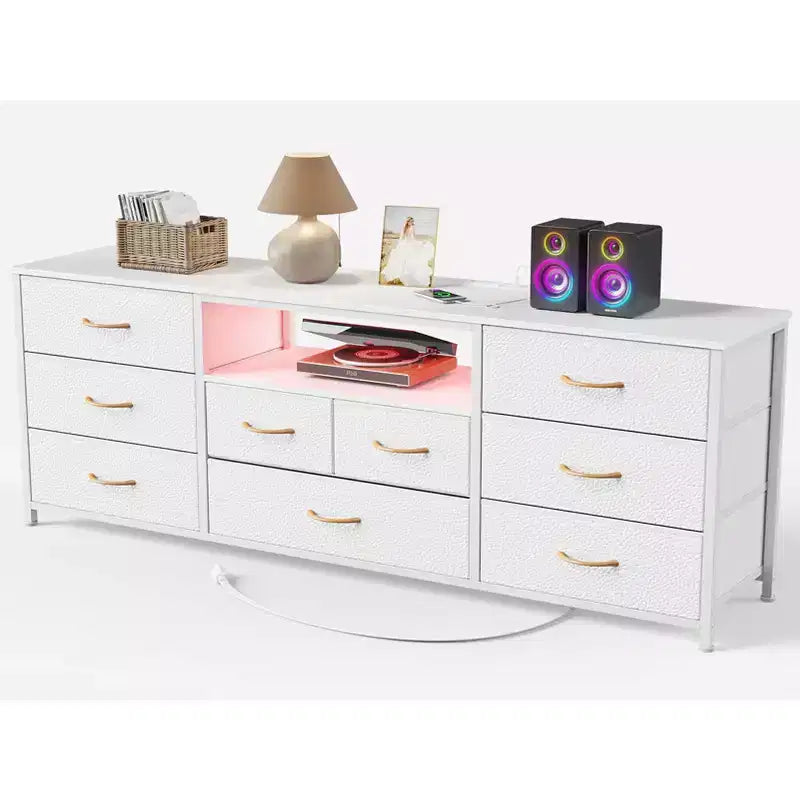 63 Inch White 9 Drawer Dresser for Bedroom LED TV Stand for 75 inch TV with Charging Station Power Outlets Fabric Storage Chest Media Console Table