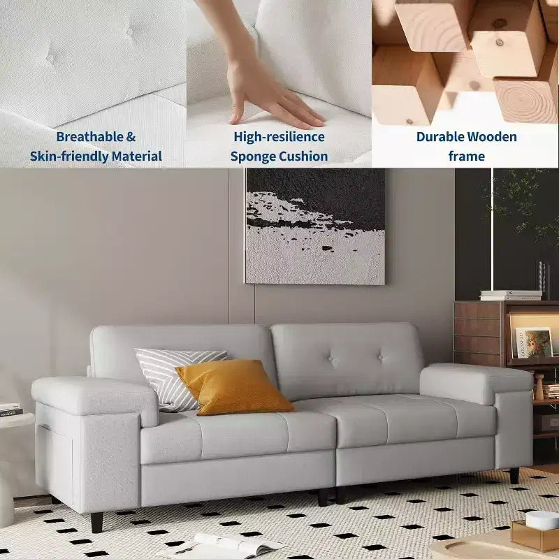 85 Inch Modern 3 Seater Sofa Couch with Adjustable Armrests and Plush Chenille Fabric,Couch with Button Tufted Backrest for Living Room & Bedroom