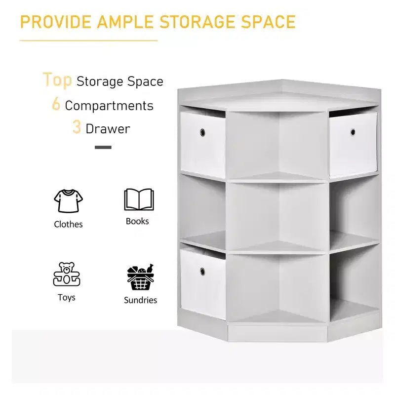 HOMCOM Kids Corner Cabinet, Cubby Toy Storage Organizer, Bookshelf Unit with Three Baskets for Playroom, Bedroom, Living Room, Grey