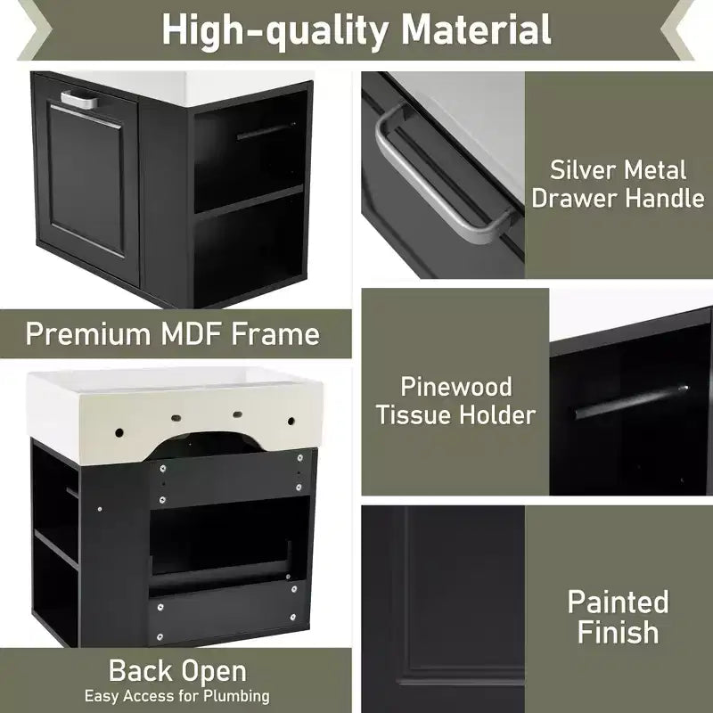 21.8 Wall Bathroom Cabinet with Sink, Bathroom storage Cabinet with Drawers, Single Sink Bathroom Vanity with Adjustable Shelf