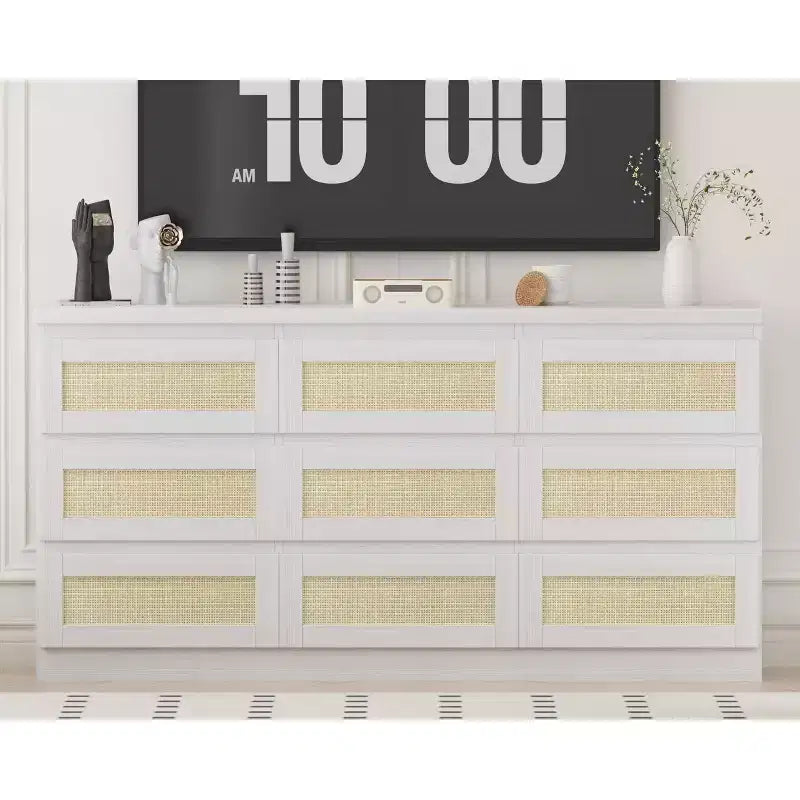 Rattan 9 Drawer Dresser with Charging Station, Farmhouse Chest of Drawers, Wide Closet Dresser Storage Organizer for Bedroom, Living Room, Entryway