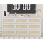 Rattan 9 Drawer Dresser with Charging Station, Farmhouse Chest of Drawers, Wide Closet Dresser Storage Organizer for Bedroom, Living Room, Entryway