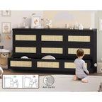 Rattan 9 Drawer Dresser with Charging Station, Farmhouse Chest of Drawers, Wide Closet Dresser Storage Organizer for Bedroom, Living Room, Entryway