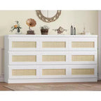 Rattan 9 Drawer Dresser with Charging Station, Farmhouse Chest of Drawers, Wide Closet Dresser Storage Organizer for Bedroom, Living Room, Entryway