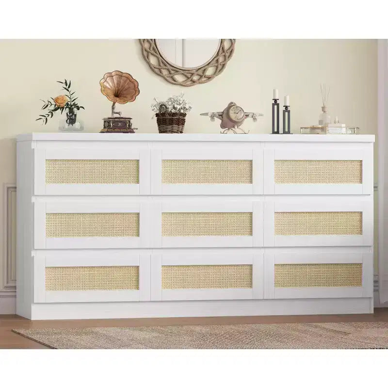 Rattan 9 Drawer Dresser with Charging Station, Farmhouse Chest of Drawers, Wide Closet Dresser Storage Organizer for Bedroom, Living Room, Entryway